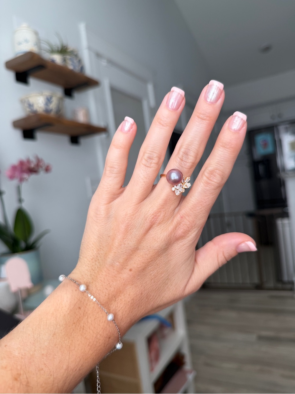 Genuine Pearl Ring Gold Plated Adjustable Size Purple with CZ
